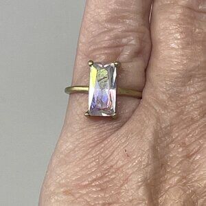 Brilliant 18K Gold-Toned Ring featuring a rectangular Rainbow Moonstone Gemstone